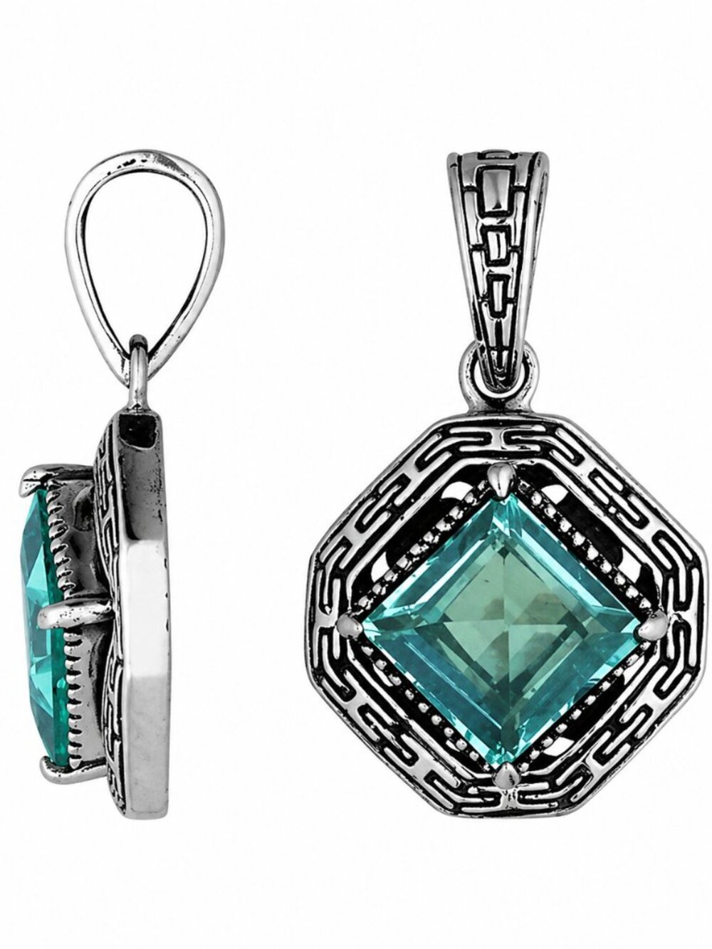 Bali 925 Sterling Silver Blue Topaz Pendant Greek Key Square Statement